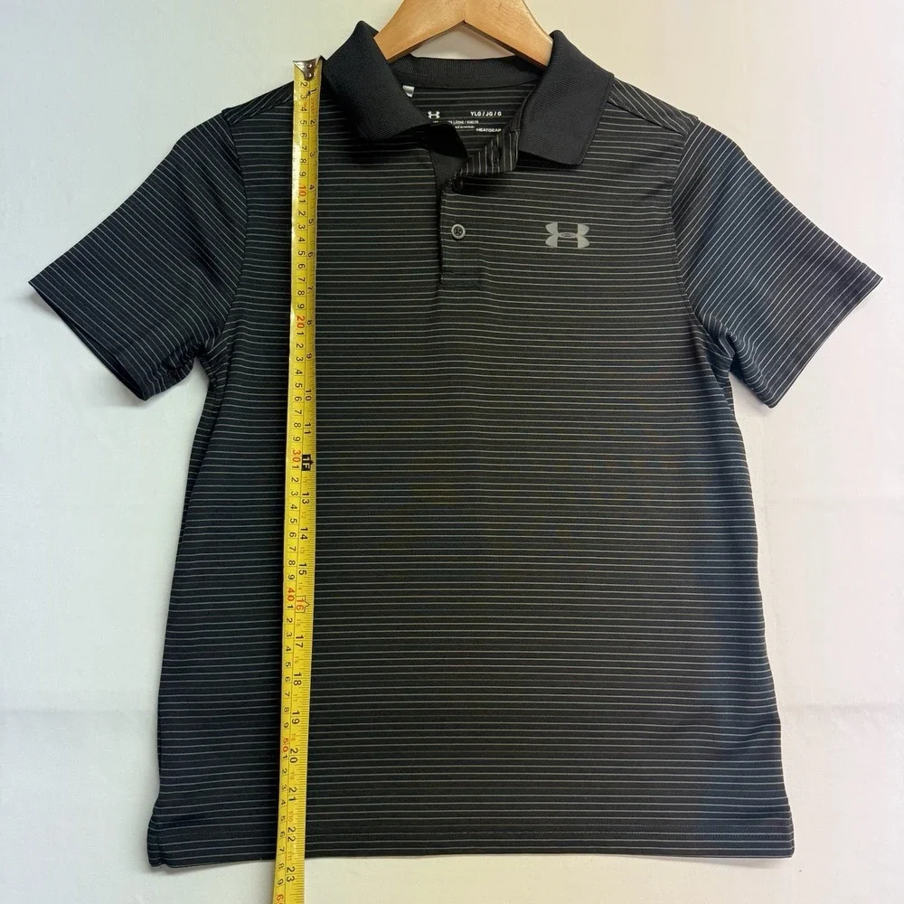 Under Armour Youth Large HeatGear Polo Shirt Black Gray Striped Boys YLG - Picture 4 of 6